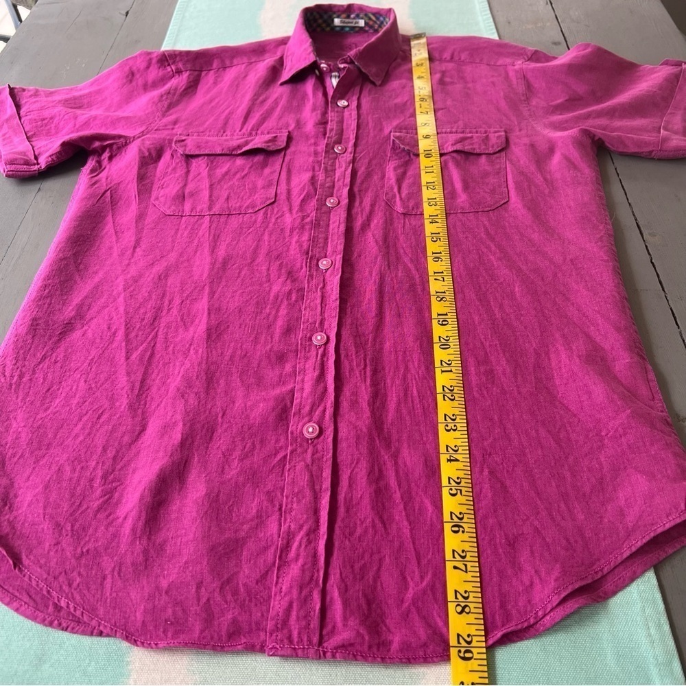 Bugatchi Men’s Shaped Fit Pink Linen Short Sleeve Button Down Shirt - Picture 9 of 9